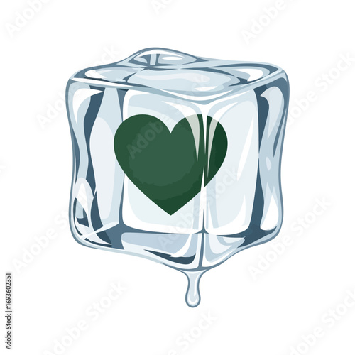 Melting ice cube reveals dark heart symbol symbolizing cold love or frozen emotions vector