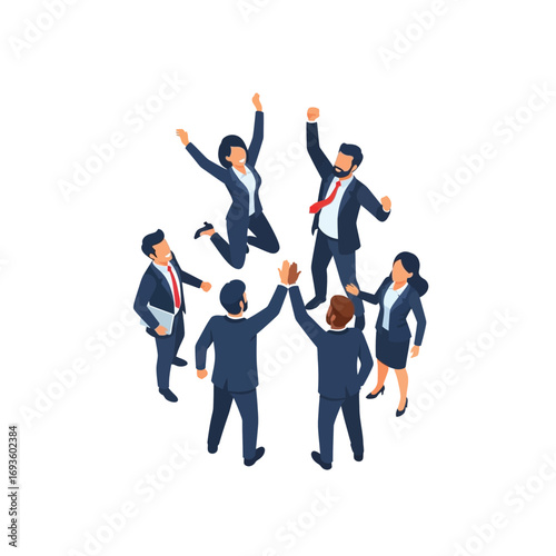 Business team celebrating success, jumping and high-fiving, showing teamwork and achievement.