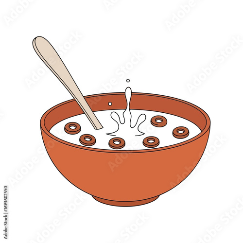 Healthy breakfast bowl milk cereal splash spoon morning meal nutrition vector