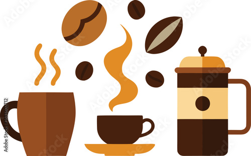 Vector illustration of national coffee day elements with cups and french press art