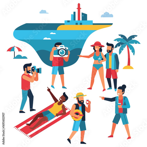 Beach scene with tourists enjoying the sun, taking photos, and interacting.