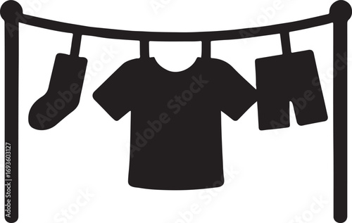 Clothesline with hanging clothes silhouette vector icon, laundry, drying, household, outdoor, garment design.