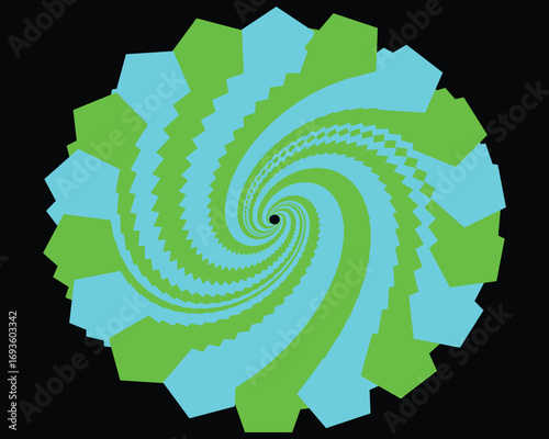 Blue and green geometric spiral vortex pattern on black background abstract vector