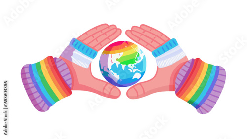 Hands holding rainbow earth globe vector illustration for pride month and lgbtq community support design