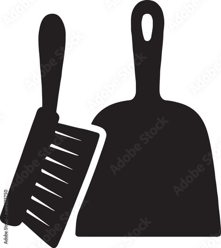 Brush and dustpan set silhouette vector icon, cleaning, hygiene, household, sweep, tidy, home care design.