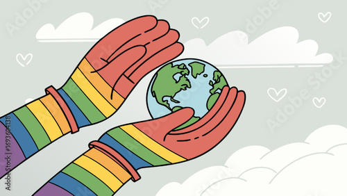 Lgbtq+ pride hands holding the earth globe vector illustration for support and love of our planet