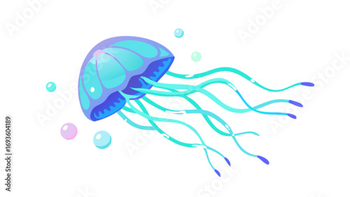Jellyfish illustration of ocean life with bubbles and tentacles for marine biology and sea creatures