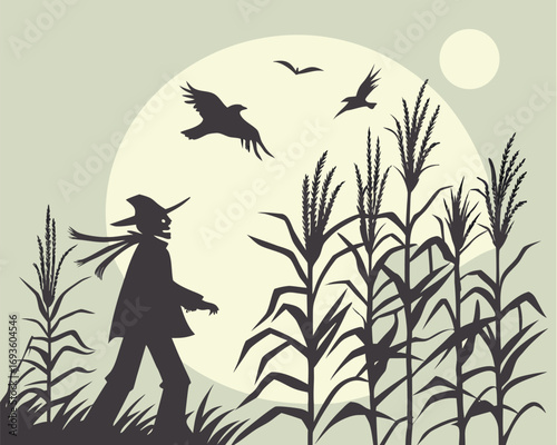 Scarecrow Silhouette with Crows in Cornfield Halloween Scene