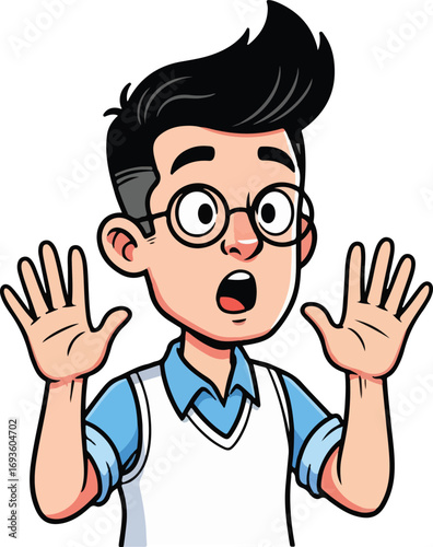 Surprised young man with glasses and raised hands in cartoon illustration style, expressing shock and disbelief with wide eyes