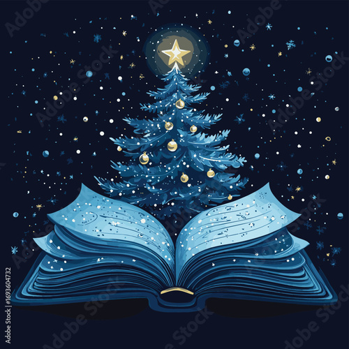 Fantasy open book illustration with blooming flowers and tree in a magical landscape , vector style simple color