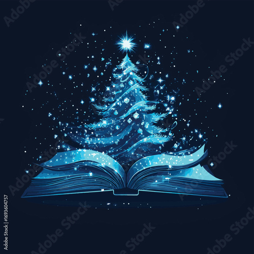 Fantasy open book illustration with blooming flowers and tree in a magical landscape , vector style simple color