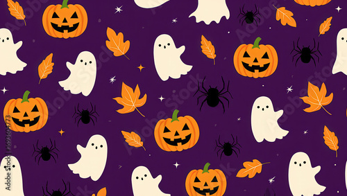 Cute Halloween Pattern with Ghosts and Pumpkins