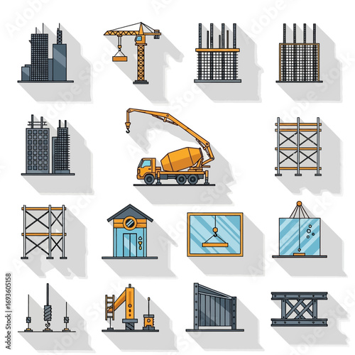 This comprehensive collection of flat design icons illustrates various stages and elements of modern construction, featuring essential equipment and structural components.