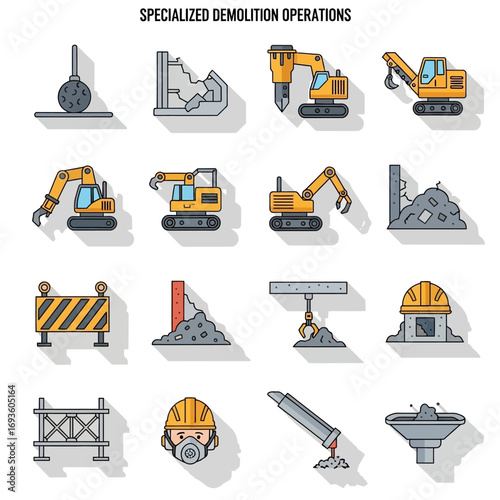 A modern collection of flat design icons showcasing specialized demolition operations, heavy construction equipment, and essential safety gear.