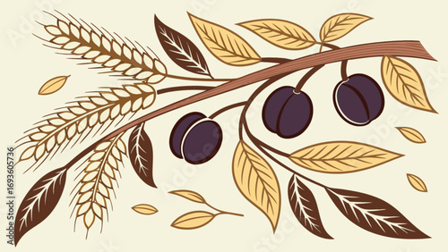 Wheat and plum branch illustration, vintage style harvest design, food and agriculture themed decorative art