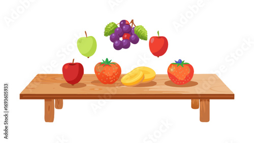 Fresh fruits on wooden table illustration apples grapes strawberries and bananas healthy food still life 100