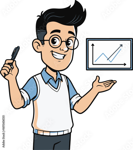 Cartoon man in vest and glasses presenting a financial growth chart, holding a pen and gesturing with his hand