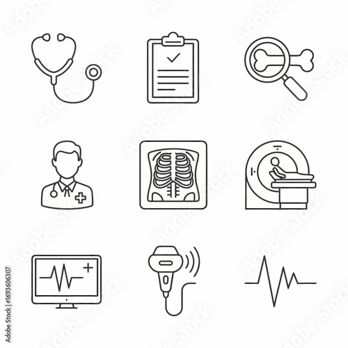Medical diagnostics icon set: Stethoscope, chart, bone scan, doctor, x-ray, MRI, monitor and ultrasound probe - flat line style