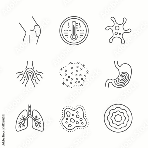 Medical Condition Icons: Isometric Flat Line Set featuring knee pain, fever, tumor, and lungs