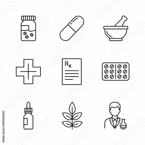Thin line icon set of medicine elements: pill, Rx, flask, mortar for healthcare concepts in flat style