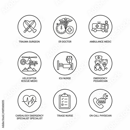 Emergency Medical Staff: Isometric Icon Set of Doctors and Nurses in Trauma, ICU, and On-call roles