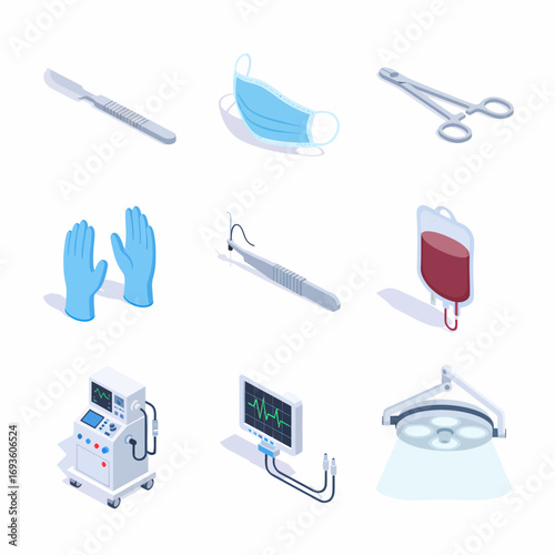 Surgical Tools Isometric Icon Set: Scalpel, Mask, Forceps, Gloves, Monitor, Light