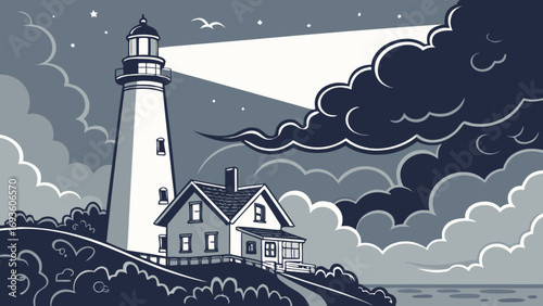 Coastal lighthouse illustration with house and cloudy sky nautical scene vector graphic design art
