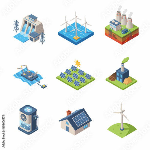 Isometric icon set of diverse green energy sources: hydro, wind, solar, hydrogen, geothermal, factory, home panel