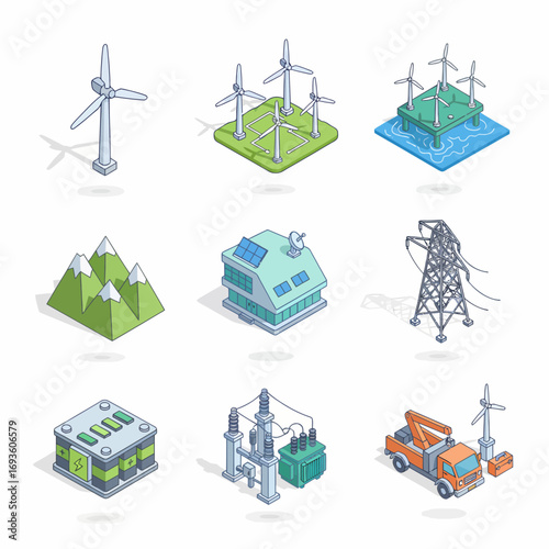 Isometric icons set of energy resources, including wind turbines, solar panel house, hydro energy. Flat design, line art.