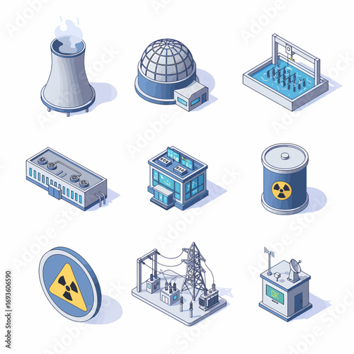 Isometric icons representing nuclear power plant infrastructure, flat design, line art