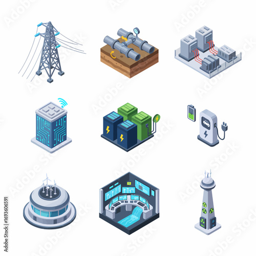 Isometric Icon Set: Energy Infrastructure - Power Grid, Gas Pipeline, Electric Car Charger, Nuclear Plant in Flat Vector Style