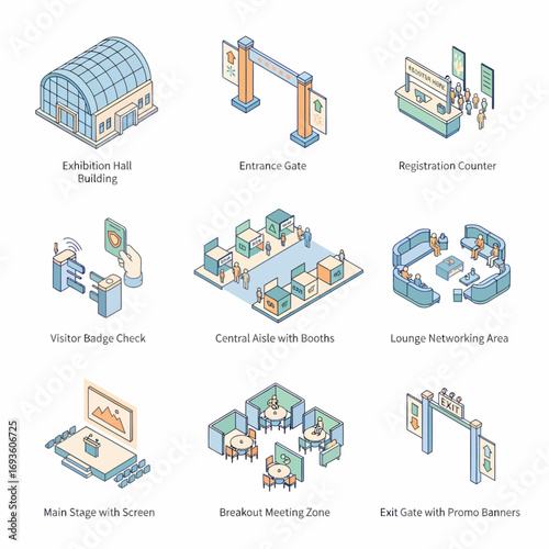 Isometric icon set of exhibition/trade show: building, entrance, booth, stage, registration, lounge, exit - flat design, simple