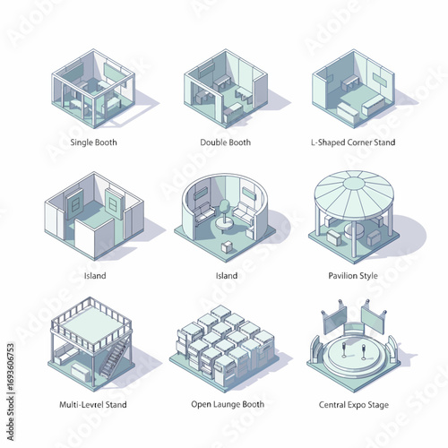 Isometric flat line icon set of exhibition stands, booths, and expo stages