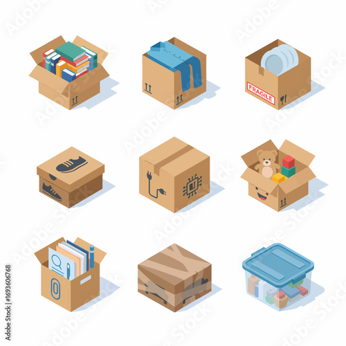 Isometric icon set of packed moving boxes with household goods, in flat design style