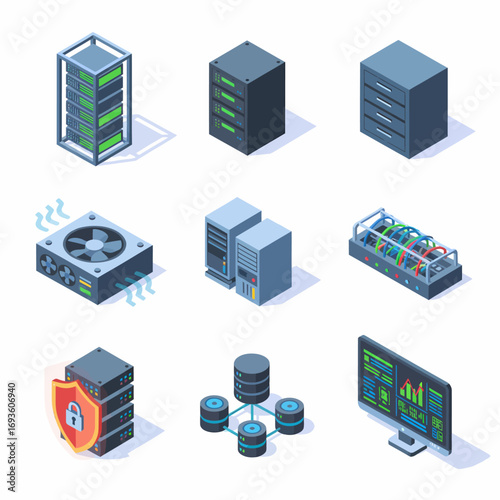 Isometric flat icon set of server hardware, data storage, network architecture, cooling system and security