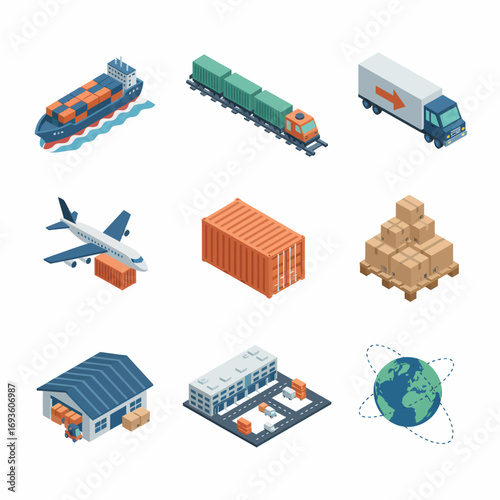 Isometric icon set of global cargo transportation: ship, train, truck, airplane, warehouse, container, boxes and globe, flat style