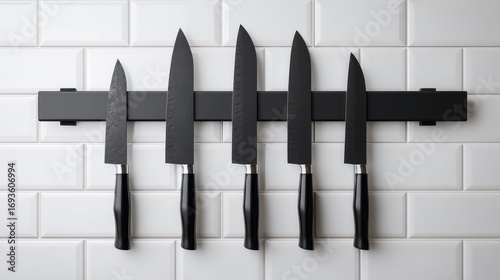 Five Black Knives on a Magnetic Wall Rack