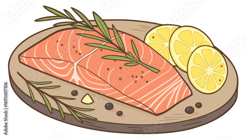 Delicious salmon fillet recipe with lemon and rosemary on wooden board for healthy eating concept