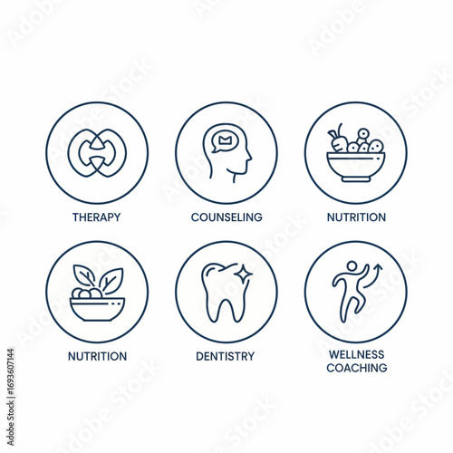 Collection of flat line icon set for therapy, counseling, nutrition, dentistry, and wellness coaching