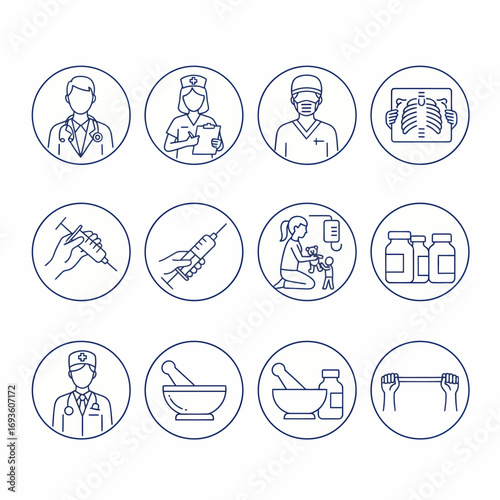 Healthcare Line Icon Set: Doctors, Nurse, Injection, X-ray, Mortar. Flat, simple medical vector symbols.