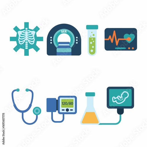Medical Diagnostic Icon Set: Isometric health examination elements in flat design