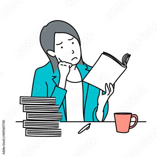 悩みながら本を読む女性と積み重なった書類やコーヒーカップのイラスト｜ビジネスや学習の課題、仕事のプレッシャーを表現するベクターイラストで教育や働き方のコンテンツに活用できます