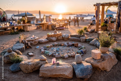 Tranquil Sunset Scene at a Gathering with Crystals, Stones, and Natural Decor, Highlighting Peace and Serenity in an Outdoor Setting