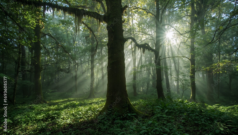Fototapeta premium Sunlight streams through dense forest canopy illuminating lush green foliage and ancient trees