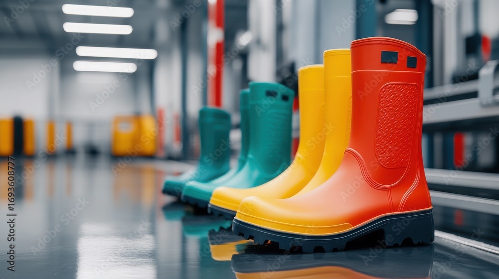 Fototapeta premium Row of Colorful Rubber Boots in Factory Setting with Green Yellow and Orange Protective Footwear on Shiny Reflective Surface