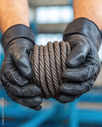 Hands with Black Gloves Holding a Coil of Gray Steel Cable Showing Strength and Safety in an Industrial Setting