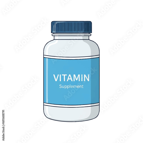 A plastic container with a label for vitamin supplements, presented as a flat vector illustration for health and wellness themes