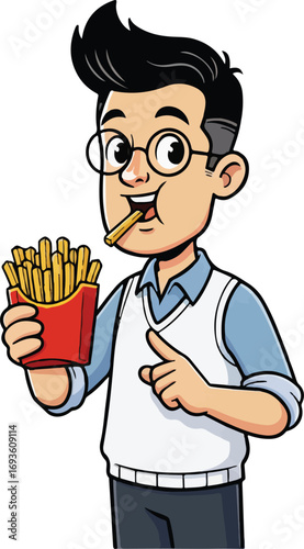 Man in Glasses Enjoying a Bag of Golden French Fries, a Delicious Snack