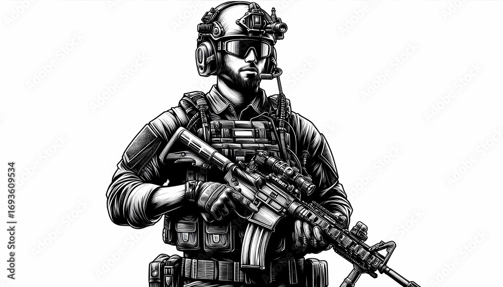 Fototapeta premium Detailed monochromatic illustration of a soldier equipped with tactical gear and assault rifle