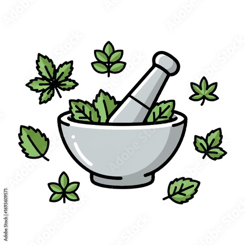 Simple illustration of a mortar and pestle filled with herbs, surrounded by leaves.